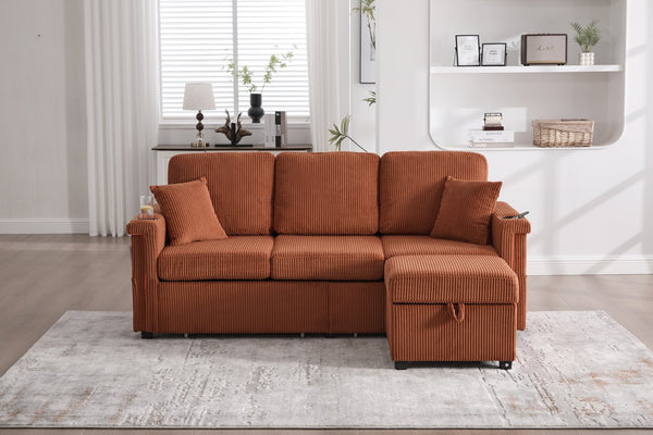 English Elm UNITED Corduroy L-Shaped Sectional Sofa with Storage Ottoman, USB Ports, Cup Holders & LED Lighting Orange W1568P332402
