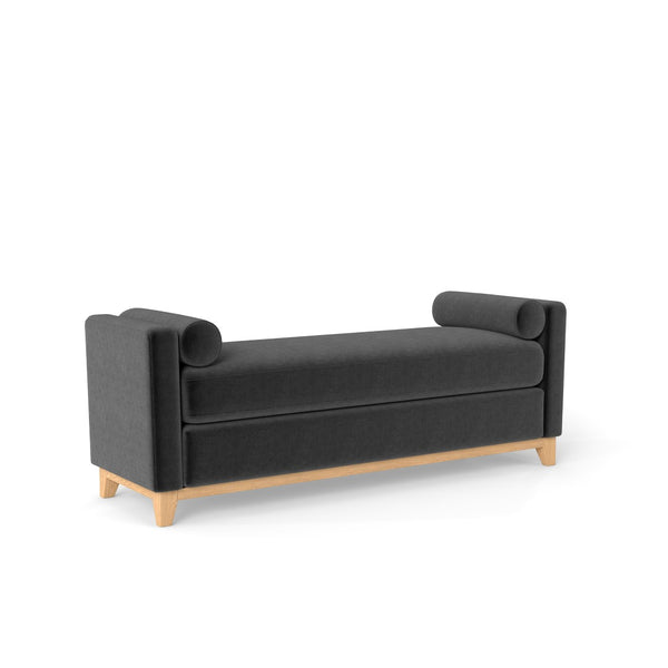 English Elm 66.34 Inch Sherpa Fleece Bench with Fluted Wood Legs Bolster Pillows Mid-century Lounge Black+Natural W1658P445920