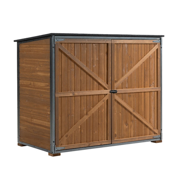 English Elm Outdoor Storage Cabinet with Wood & Metal Frame 32.3"L x 21"W x 67"H Weatherproof Garden Shed Organizer for Patio Lawn Tools and Equipment Brown+Black W1422P284303