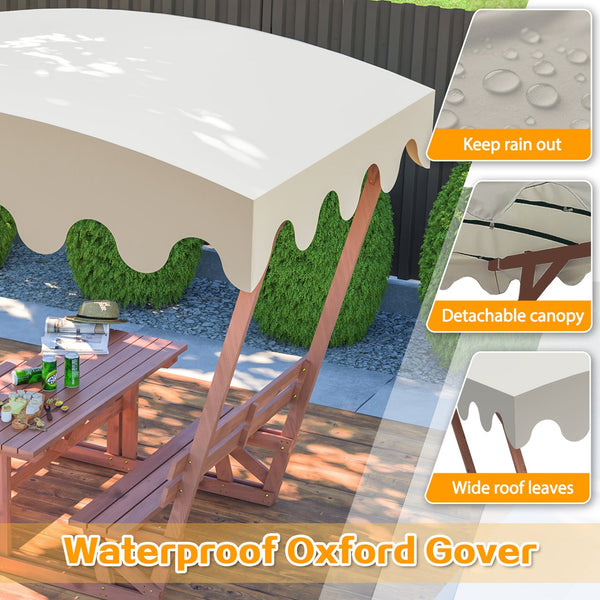 English Elm Outdoor Waterproof Solid Wood Picnic Table & Bench Set with Removable Canopy — Durable, All-Weather Seating for Patios, Gardens, Decks, Parks, Beaches W1422S00057