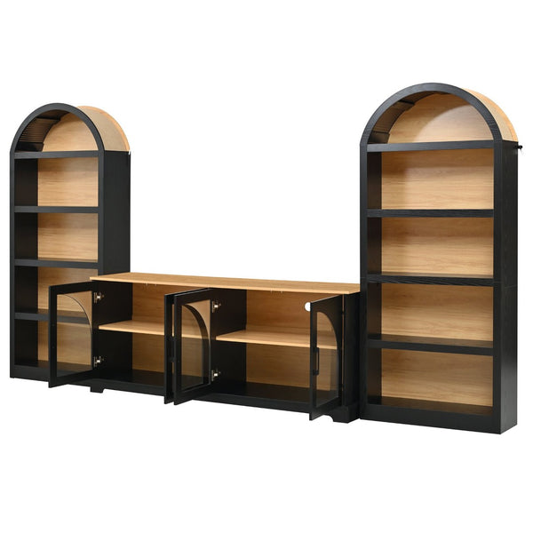 English Elm 3-piece Farmhouse Entertainment Center with Arched Glass Doors and Open Tower Shelving Black N721S000070B