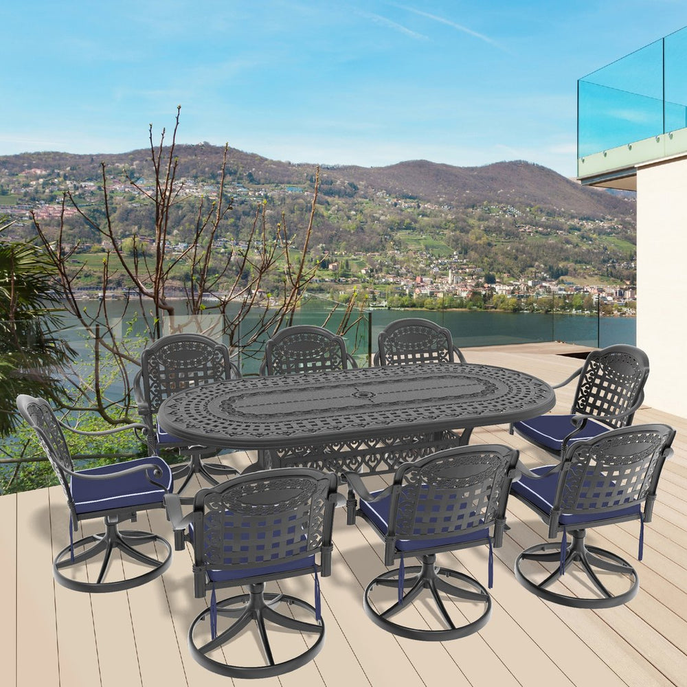 English Elm 9-Piece All-Weather Cast Aluminum Dining Set With 8 Plush Swivel Chairs & Elegant Oval Table Design W1710S00470
