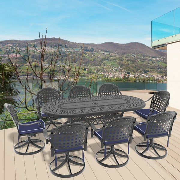 English Elm 9-piece Cast Aluminum Outdoor Dining Set with Oval Table and Eight Swivel Chairs W1710S00661