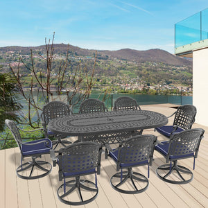 English Elm 9-Piece Outdoor Dining Set With 8 Swivel Chairs & Oval Table - All-Weather Cast Aluminum, Black Finish W1710S00360