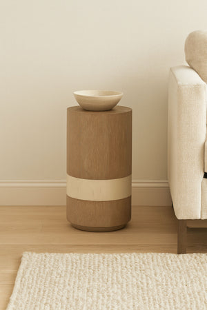 English Elm Spot Sculptural Table Toffee with Cream Marble Band — 12x12x24" Solid Wood Accent Side Table B2699P373203