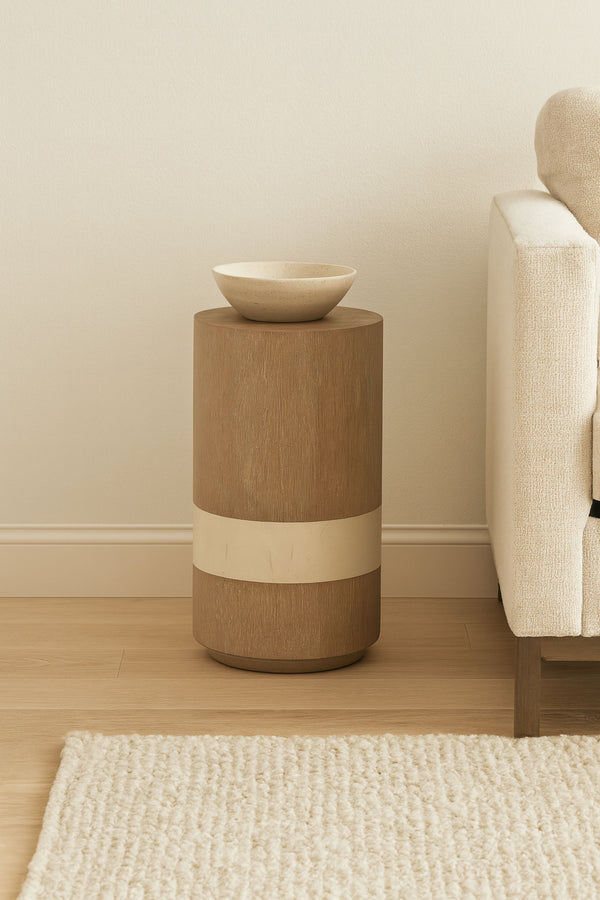 English Elm Spot Sculptural Table Toffee with Cream Marble Band — 12x12x24" Solid Wood Accent Side Table B2699P373203