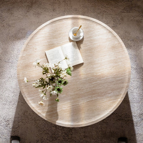 English Elm 39.37" Round Drum Coffee Table with Bold Mars Stone Print for Modern Living Rooms W3081P394201