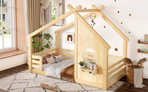 English Elm Twin House Floor Bed with Window & Shelf, Solid Wood Pitched Roof Design for Safe Cozy Sleep Natural W1580P362691