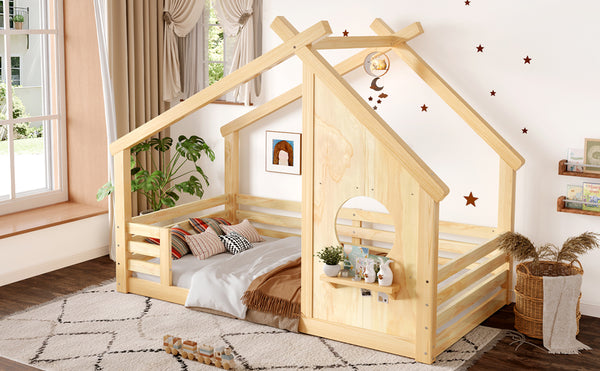 English Elm Twin House Floor Bed with Window & Shelf, Solid Wood Pitched Roof Design for Safe Cozy Sleep Natural W1580P362691