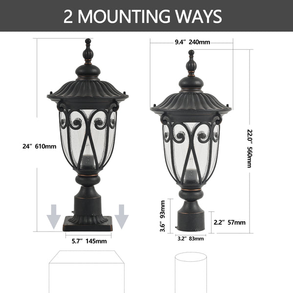 English Elm 24"(H) Vintage Black Outdoor Post Lantern with Bubble Glass, Rust-Resistant Aluminum, E26 Compatible Lighting Elegance for Pathway Patio Garden (Bulb Not Included) W1340P239409