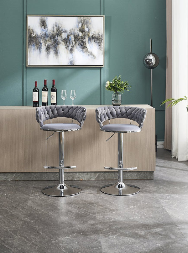 English Elm Set of 2 Velvet Bar Stools with Chrome Base Swivel Height Adjustment Plush Cushion Modern Comfort Grey W1249P247730
