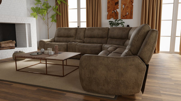 English Elm 6-Piece Performance Fabric Power Reclining Sectional with USB Charging, Hidden Console, Cup Holders Brown B339S00002