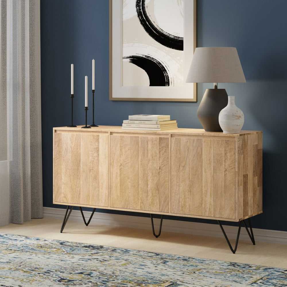 English Elm Hunter Solid Mango Wood Sideboard with Hairpin Legs and Three Storage Compartments B136P439008