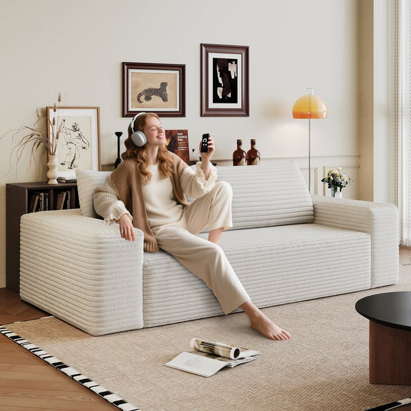 English Elm 63" Corduroy Loveseat Sofa Deep Seat 600lb Capacity Ergonomic Backrest Plush White Fabric W2824P321235