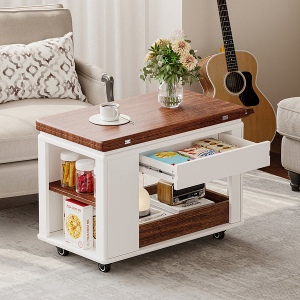 English Elm 27.6'' Modern Multi-Function Coffee Table with Foldable Top, Casters, Multi-Tier Storage & Drawer Walnut,White N735P328521D