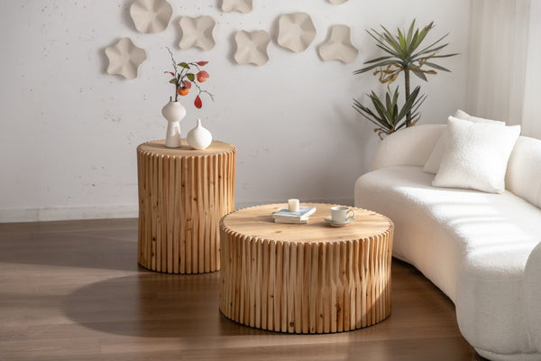 English Elm Retro Cylindrical Coffee Tables Set Of 2 - Textured Relief Design For Stylish Living Room & Office Use W757S00029-GIGA