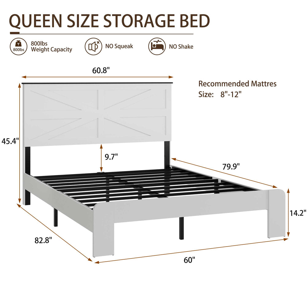English Elm Queen Wood Platform Bed Frame with Mi-Style Headboard, White Metal & MDF, Quiet, Storage-Friendly W636P305746