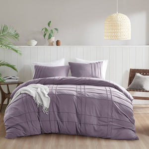 JLA Home Comfort Spaces - Soft Washed Pleated Duvet Cover Set with Grid Pinch-Pleat, OEKO-TEX Soft Microfiber, All-Season Comfort Purple AM12-0435