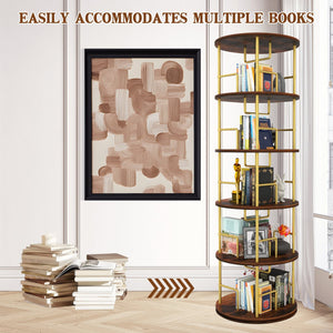 English Elm 5 Tier Rotating Bookshelf Tower with 360° Spin, Space-Saving Corner Display, Modern MDF Storage Unit Golden W3204P354235