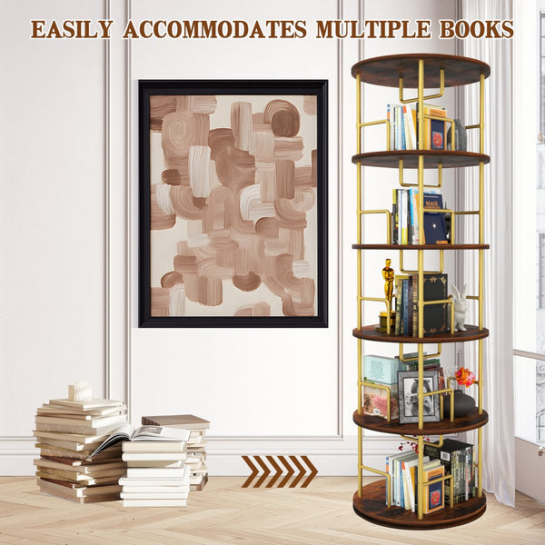 English Elm 5 Tier Rotating Bookshelf Tower with 360° Spin, Space-Saving Corner Display, Modern MDF Storage Unit Golden W3204P354235