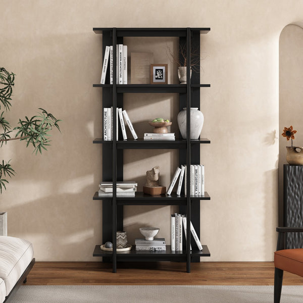 English Elm Christopher Knight Home® - 4-Tier Acacia Wood Bookcase with Anti-Tip Kit, Heavy-Duty Open Shelves Holds 120 lbs Each, Sleek Storage Solution Ebonized Finish N758P294084E