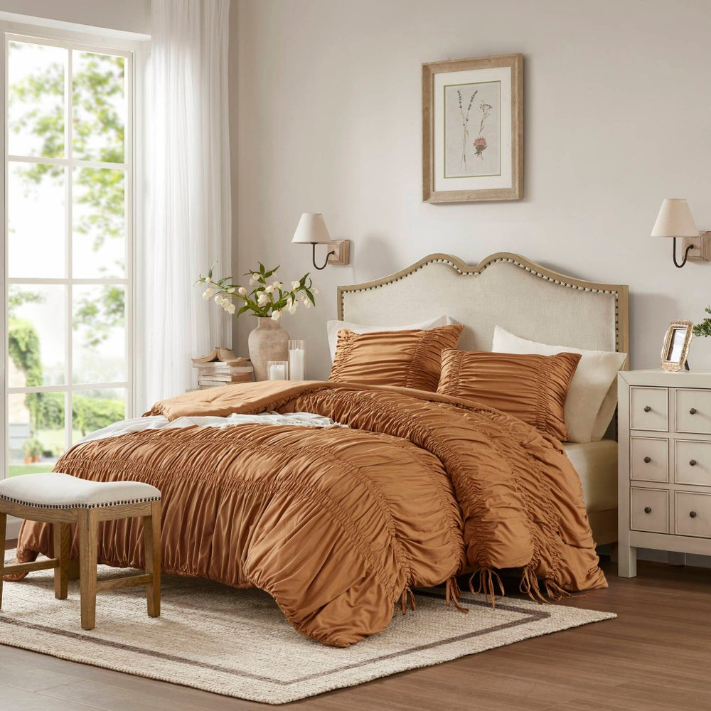 English Elm 2pcs Shabby Chic Ruched Comforter Set Bow Trim Brushed Polyester Fill Romantic Bedroom Brown B035P341088