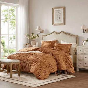 English Elm 2pcs Shabby Chic Ruched Comforter Set Bow Trim Brushed Polyester Fill Romantic Bedroom Brown B035P341088