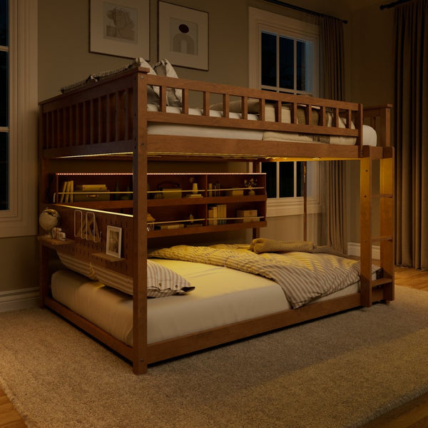 English Elm Full Over Bunk Bed with Led Lighting Pegboard Shelving and Pine Wood Frame Brown LT000278AAP