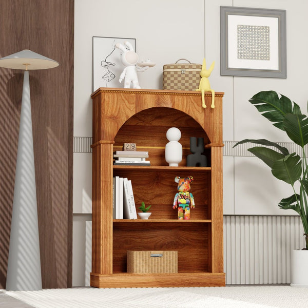 English Elm Vintage Hand-carved Solid Wood Bookcase Tall Arched Open Shelf Cabinet for Living Room W3123P485376