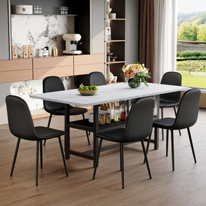 English Elm Table And Chair Set - Modern 71" White Grain Dining Table With Storage & 6 Black Pu Upholstered Chairs W1151S04265-GIGA