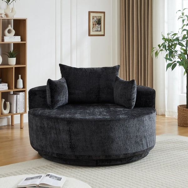English Elm 55''l 55'l Chenille Swivel Lounge Chair Plush Foam Fill 360 Rotation Modern Living Room Black W834S00642