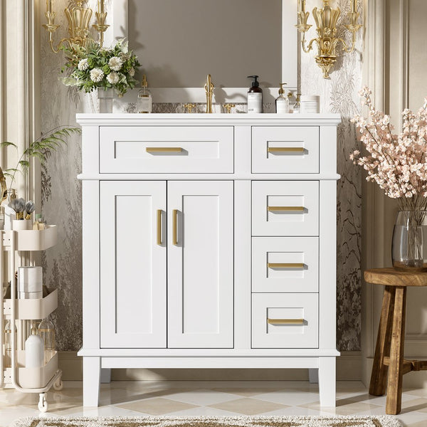 English Elm 30" Bathroom Vanity with Ceramic Sink and Deep Storage, Soft-Close Doors, Gold Handles, Durable Wood Frame White N729P276610K