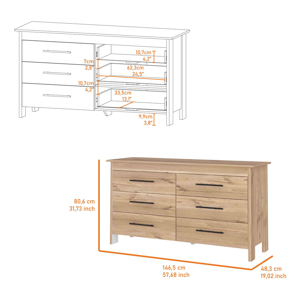 English Elm Luxor Six Drawer Double Dresser – Multicolor Particle Board, Modern Minimalist Design, Sturdy Elevated Base B128S00100