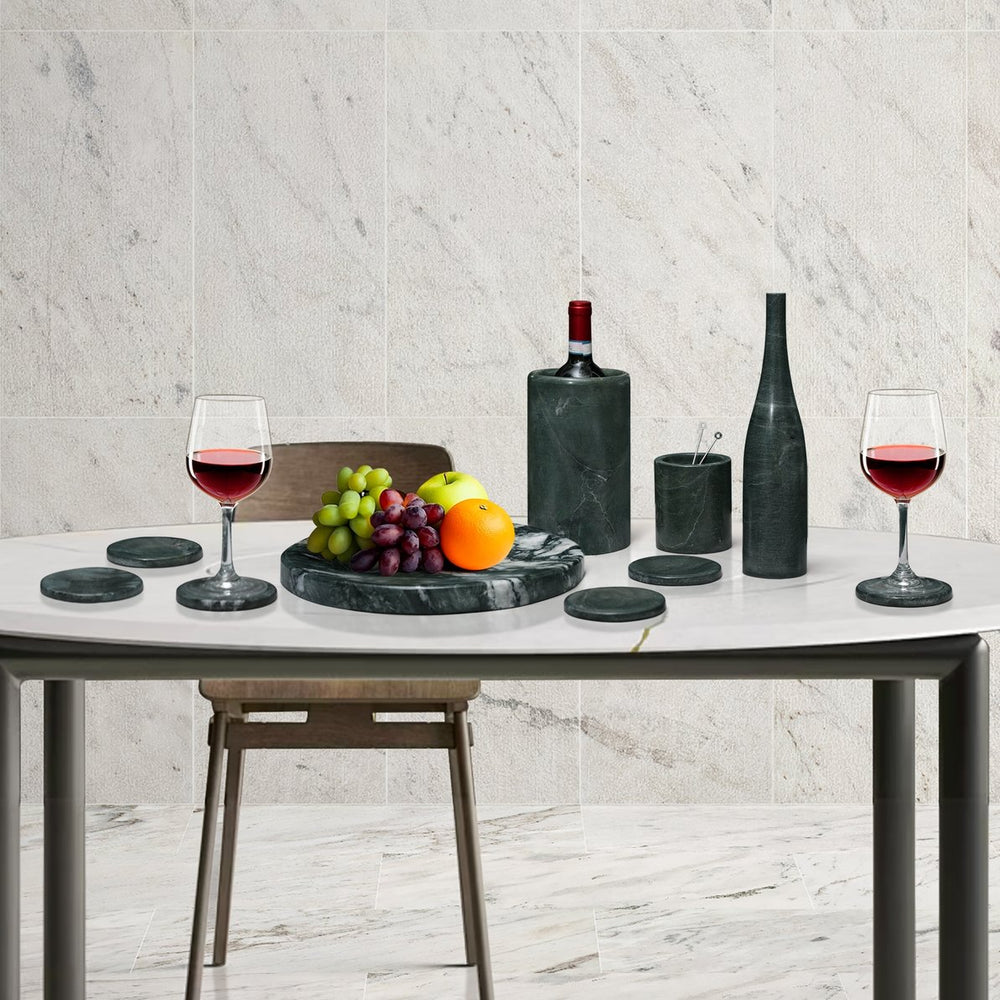 English Elm Green Diamond marble 10-piece luxury dining set — genuine green stone coasters, tray, cooler, vase sculpture W1696P333267