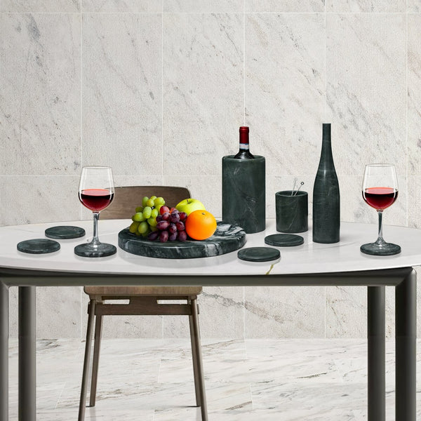 English Elm Green Diamond marble 10-piece luxury dining set — genuine green stone coasters, tray, cooler, vase sculpture W1696P333267