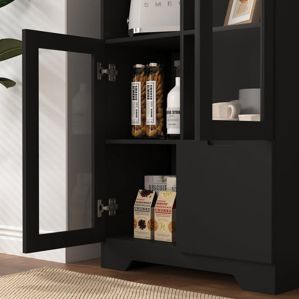 English Elm MDF modern painted storage cabinet with glass doors, drawer and open shelves for entryway decor (97) Black W409P171447