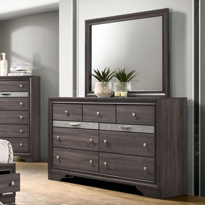 English Elm Gray Glam Dresser w Mirror Set — 63" Shiny Silver-Trim Jewelry Drawer, Dovetail Craft, Round Knobs B2741S00552