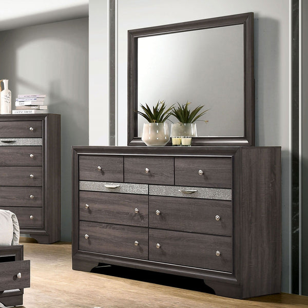 English Elm Gray Glam Dresser w Mirror Set — 63" Shiny Silver-Trim Jewelry Drawer, Dovetail Craft, Round Knobs B2741S00552