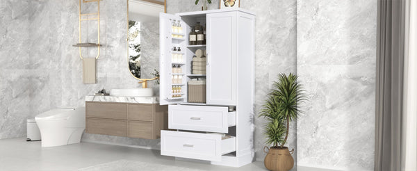 English Elm Tall White Mdf Bathroom Storage Cabinet with Adjustable Shelves and Two Lower Drawers N725S178675K