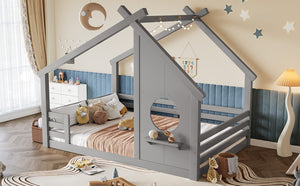 English Elm Twin House Bed Low Profile Pine Wood Frame with Shelf Montessori Kids Floor Sleeping Gray W5305P429646