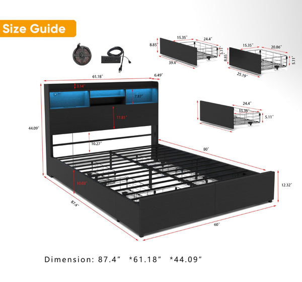 English Elm Queen Bed Frame With 6 Drawers, Headboard Charging Station, No Box Spring Needed, Noiseless Design W2129P387061-GIGA