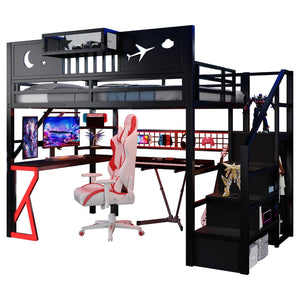English Elm Metal Full Loft Bed with L Shaped Desk Wardrobe Rgb Lighting and Usb Charging W2593S00062