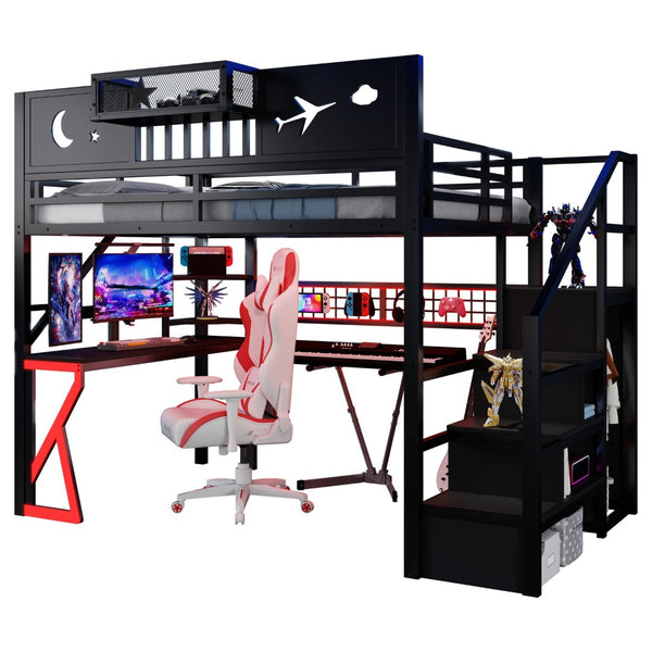 English Elm Metal Full Loft Bed with L Shaped Desk Wardrobe Rgb Lighting and Usb Charging W2593S00062