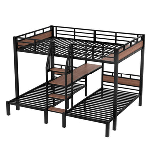 English Elm Twin Triple Bunk Bed Black Metal Frame with Built-in Storage Stairs and Shelves W1580S00620