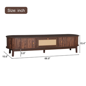 English Elm Modern TV Stand for 75" TVs with Rattan-Front Drawer, Solid Wood Legs, Sliding Doors & Spacious Storage N710P257609P