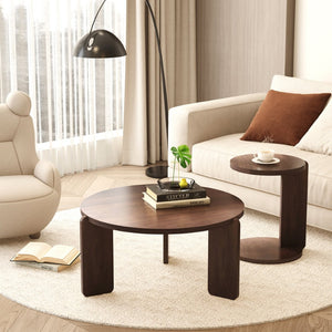 English Elm 32.68 Inch Black Oak Veneer Nesting Round Coffee Table Set for Modern Living Rooms W2899P435700