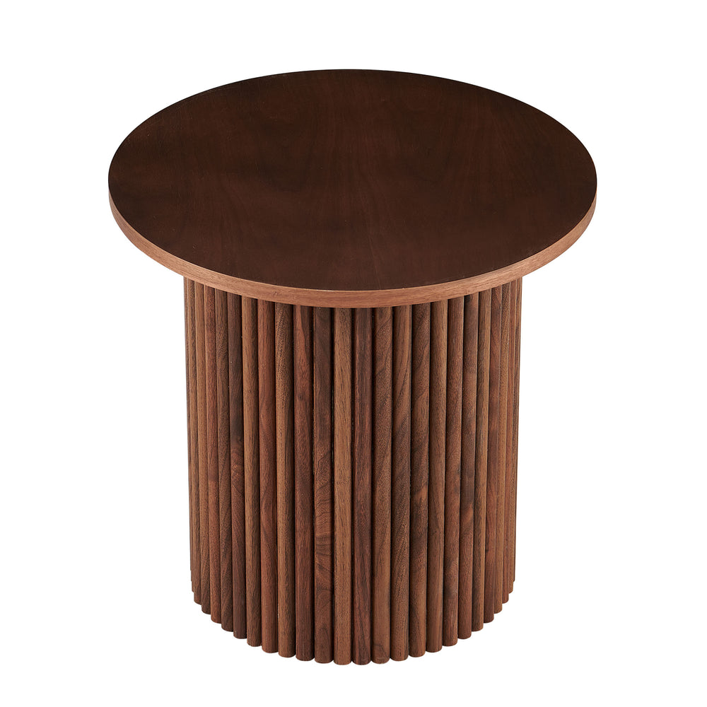 English Elm Walnut Mid-Century Round Side Tables Set of 2 — Elegant Roman Column Metal Base, Sturdy Veneer Top W1164S00027