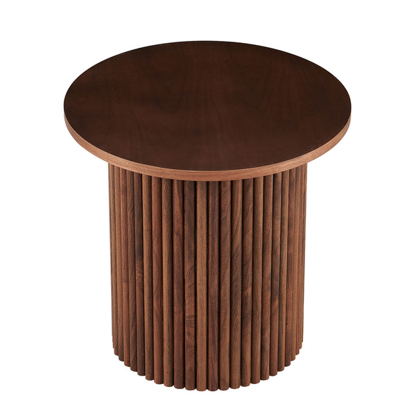 English Elm Walnut Mid-Century Round Side Tables Set of 2 — Elegant Roman Column Metal Base, Sturdy Veneer Top W1164S00027
