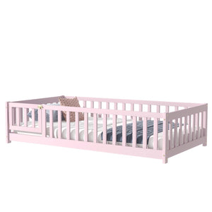English Elm Twin Solid Rubberwood Floor Bed with Full Perimeter Safety Rails for Toddler Rooms Pink W504P296782