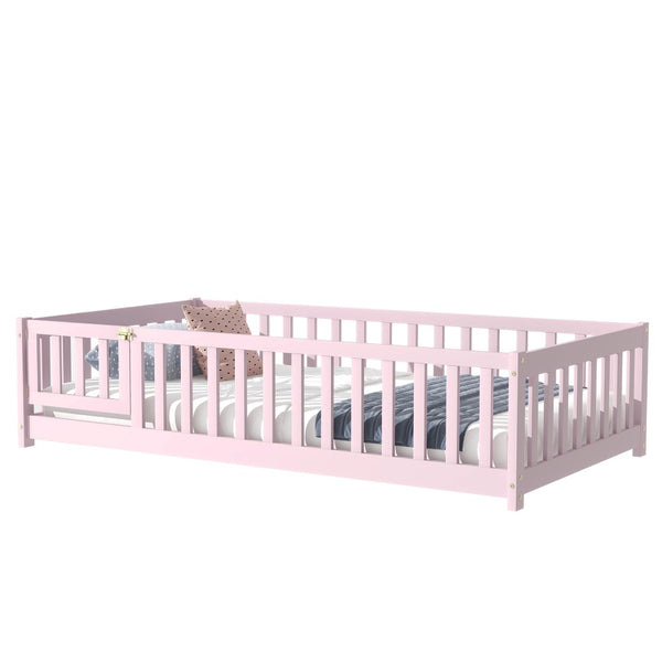 English Elm Twin Solid Rubberwood Floor Bed with Full Perimeter Safety Rails for Toddler Rooms Pink W504P296782